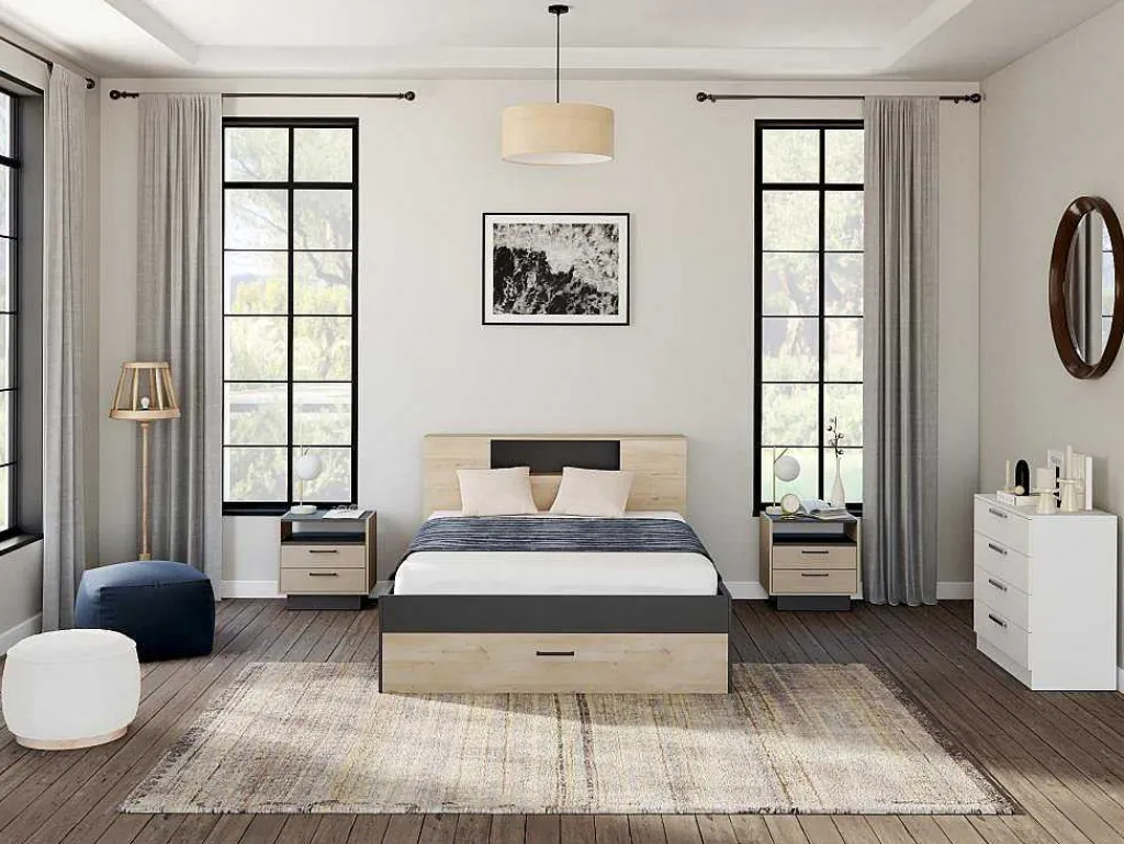 Bed Leandre Met Hoofdeinde, Opbergruimte En Lades - 160 X 200 Cm - Kleur: Eiken En Antraciet-Vente-unique Clearance