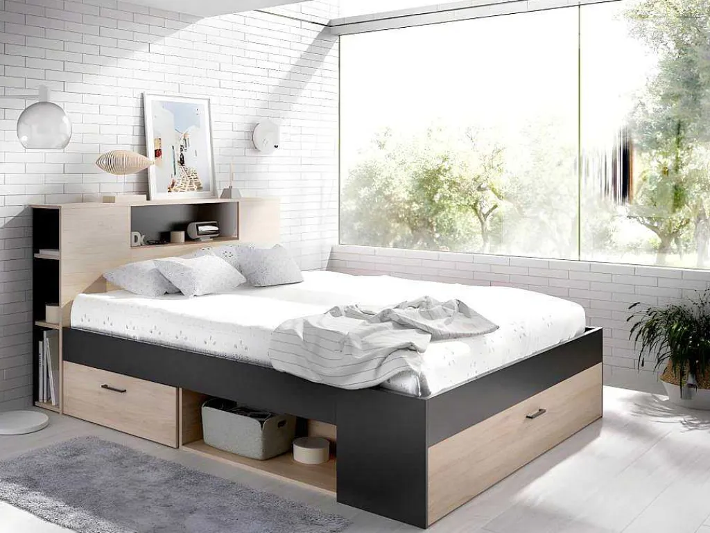 Bed Leandre Met Hoofdeinde, Opbergruimte En Lades - 160 X 200 Cm - Kleur: Eiken En Antraciet-Vente-unique Clearance