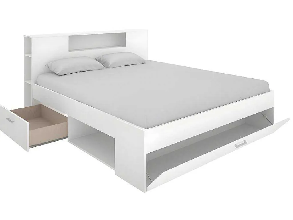 Bed Leandre Met Hoofdeinde, Opbergruimte En Lades - 160 X 200 Cm - Kleur: Wit-Vente-unique Discount