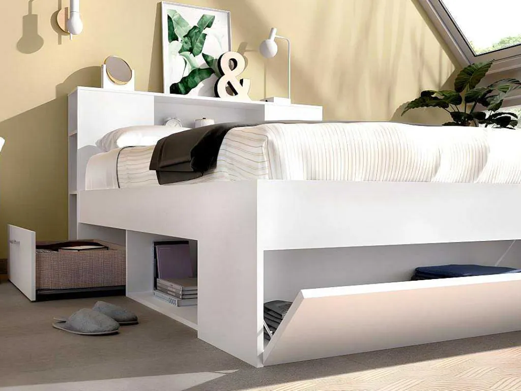 Bed Leandre Met Hoofdeinde, Opbergruimte En Lades - 140 X 190 Cm - Kleur: Wit-Vente-unique New