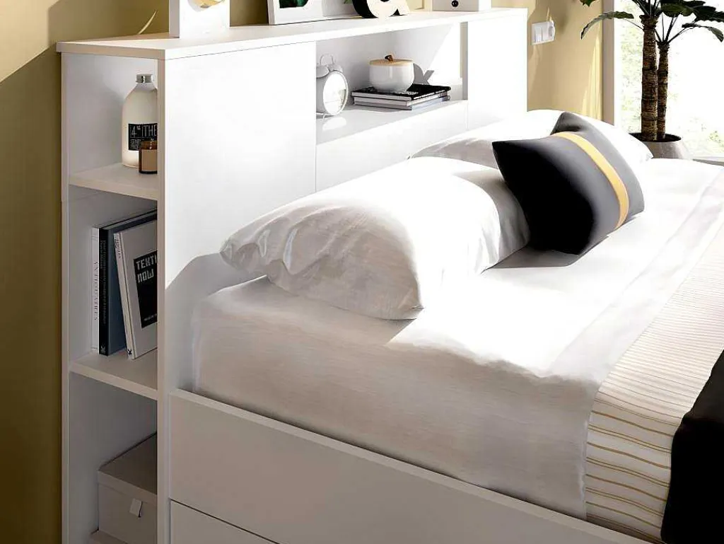 Bed Leandre Met Hoofdeinde, Opbergruimte En Lades - 140 X 190 Cm - Kleur: Wit-Vente-unique New