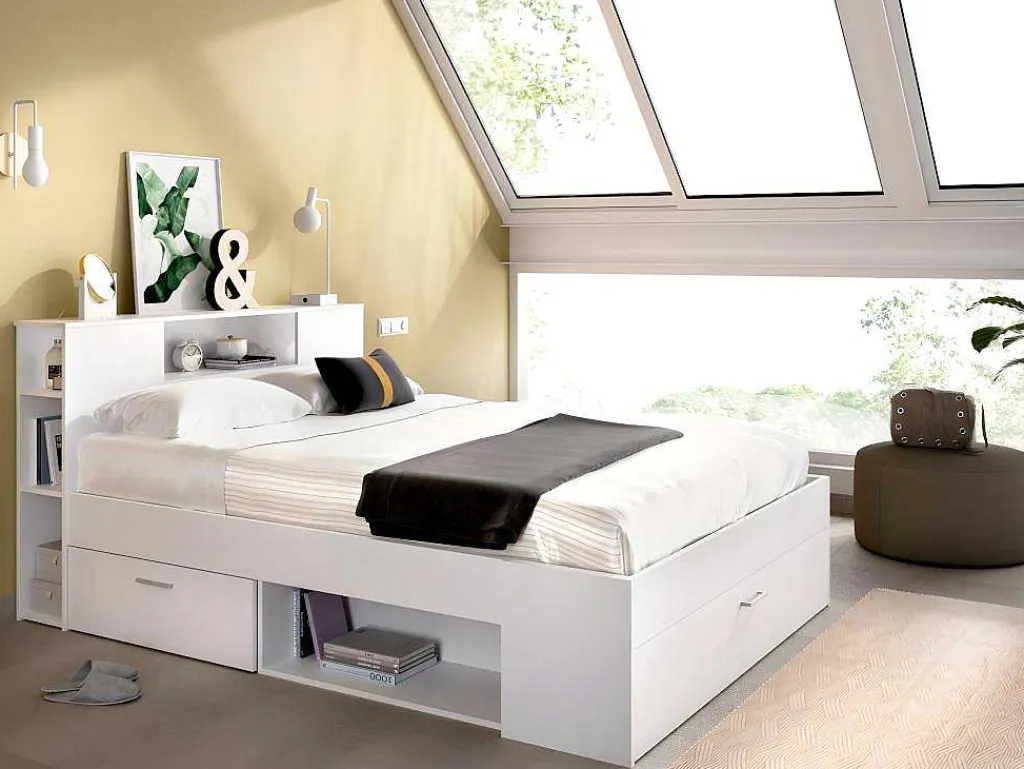 Bed Leandre Met Hoofdeinde, Opbergruimte En Lades - 140 X 190 Cm - Kleur: Wit-Vente-unique New