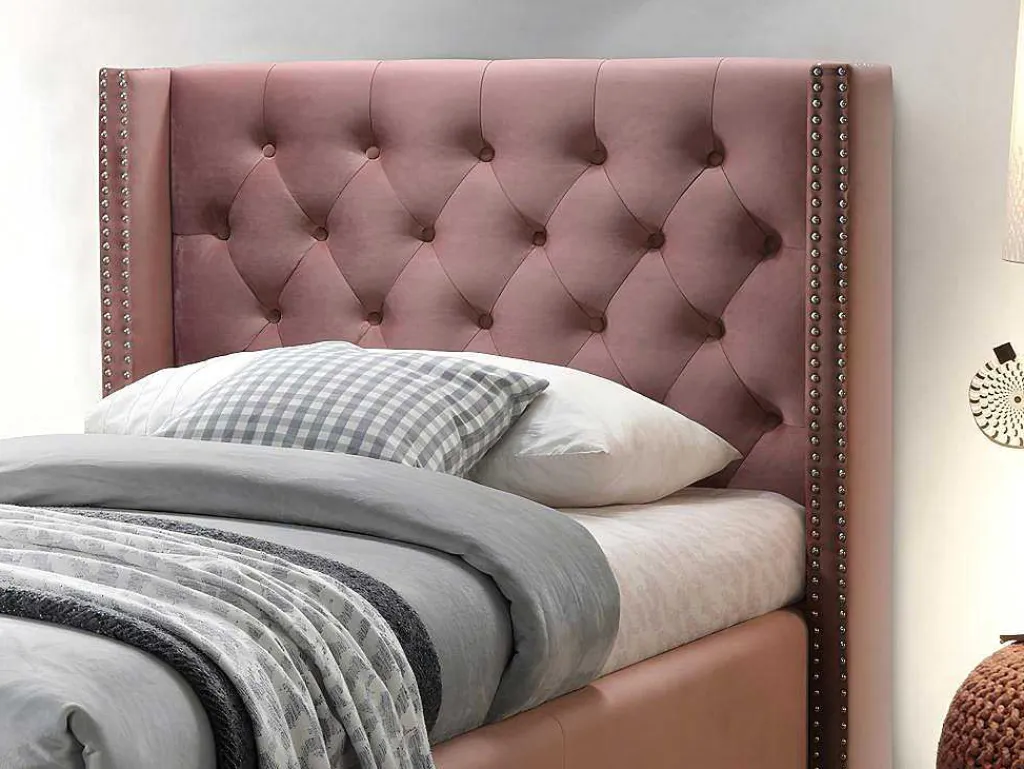 Bed Massimo Gestoffeerde Hoofdeinde Met Capitons - 90X200 Cm - Roze Fluweel-Vente-unique Online
