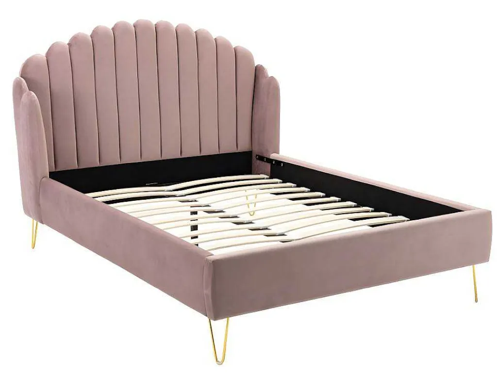 Bed Met Glooiend Hoofdeinde - 140 X 190 Cm - Fluweel - Oud Roze - Sagali-Vente-unique Best