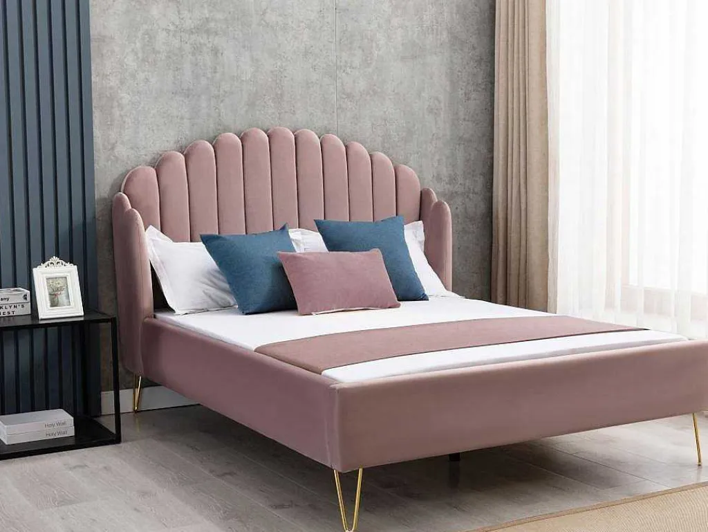 Bed Met Glooiend Hoofdeinde - 140 X 190 Cm - Fluweel - Oud Roze - Sagali-Vente-unique Best