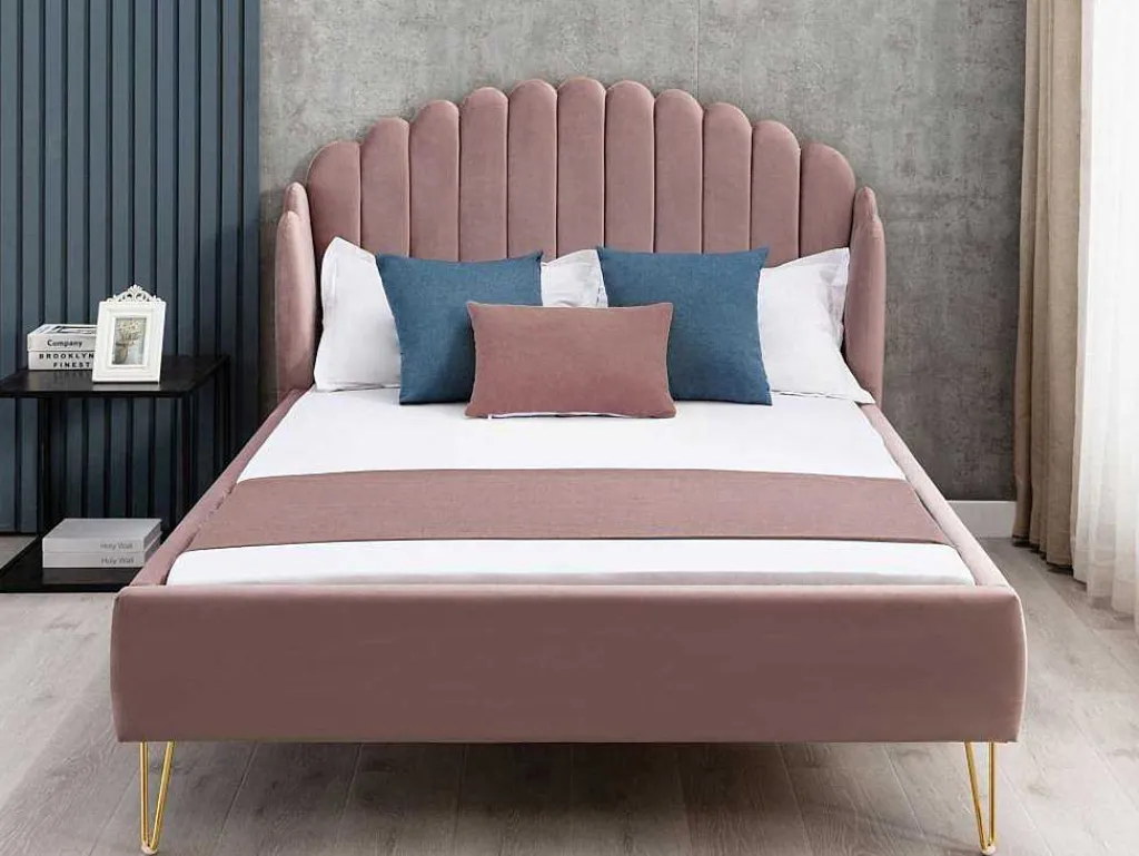 Bed Met Glooiend Hoofdeinde - 140 X 190 Cm - Fluweel - Oud Roze - Sagali-Vente-unique Best