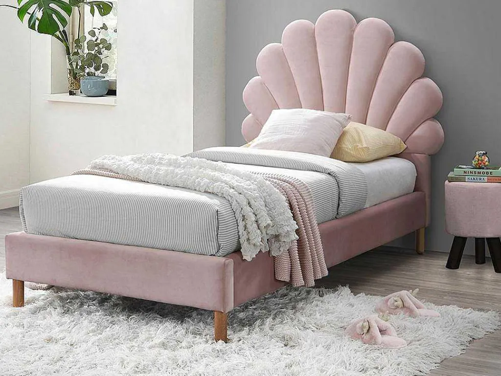 Bed Met Hoofdeinde In Schelpvorm90X190 Cm - Fluweel - Roze - Met Matras - Moana-Vente-unique New