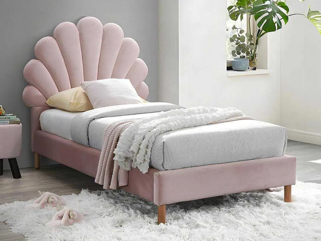 Bed Met Hoofdeinde In Schelpvorm 90 X 190 Cm - Fluweel - Roze - Moana-Vente-unique Discount