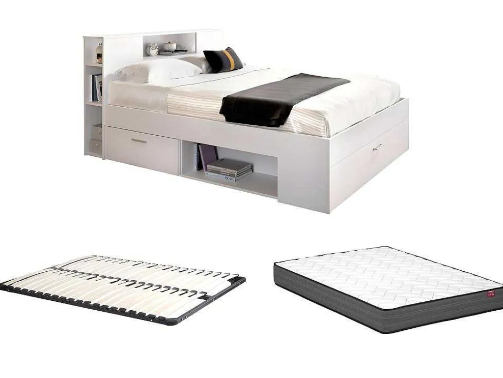 Bed Met Hoofdeinde Met Opbergruimte En Lades - 140 X 190 Cm - Kleur: Wit + Bedbodem + Matras - Leandre-Vente-unique Best