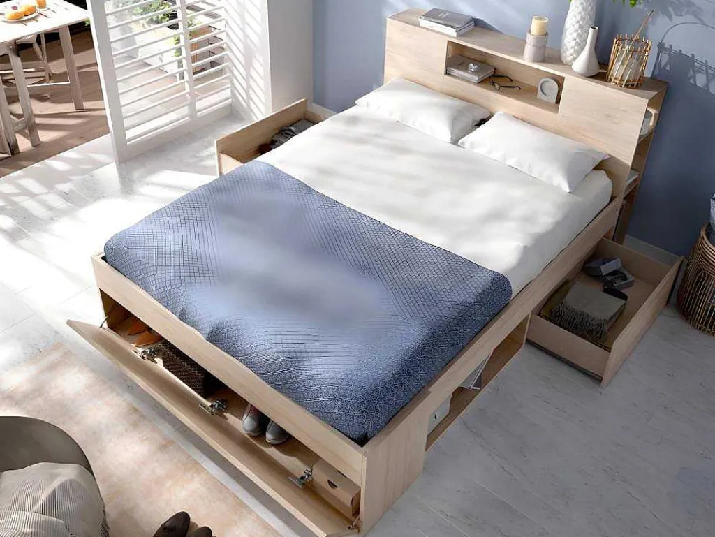 Bed Met Hoofdeinde, Opbergruimte En Lades - 160 X 200 Cm - Eikenkleur - Leandre-Vente-unique Clearance