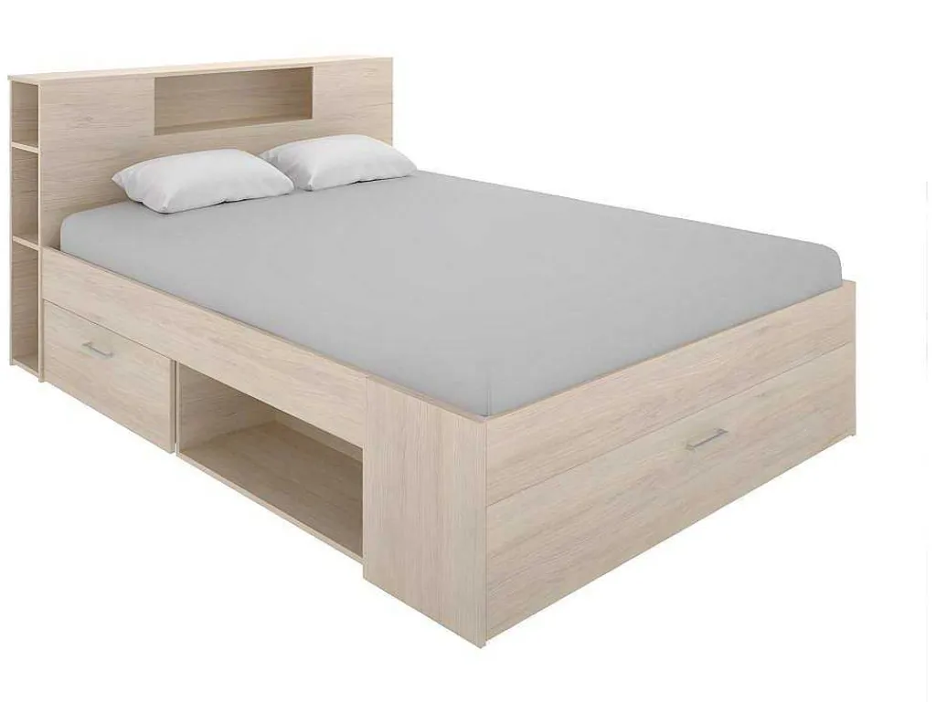 Bed Met Hoofdeinde, Opbergruimte En Lades - 160 X 200 Cm - Eikenkleur - Leandre-Vente-unique Clearance