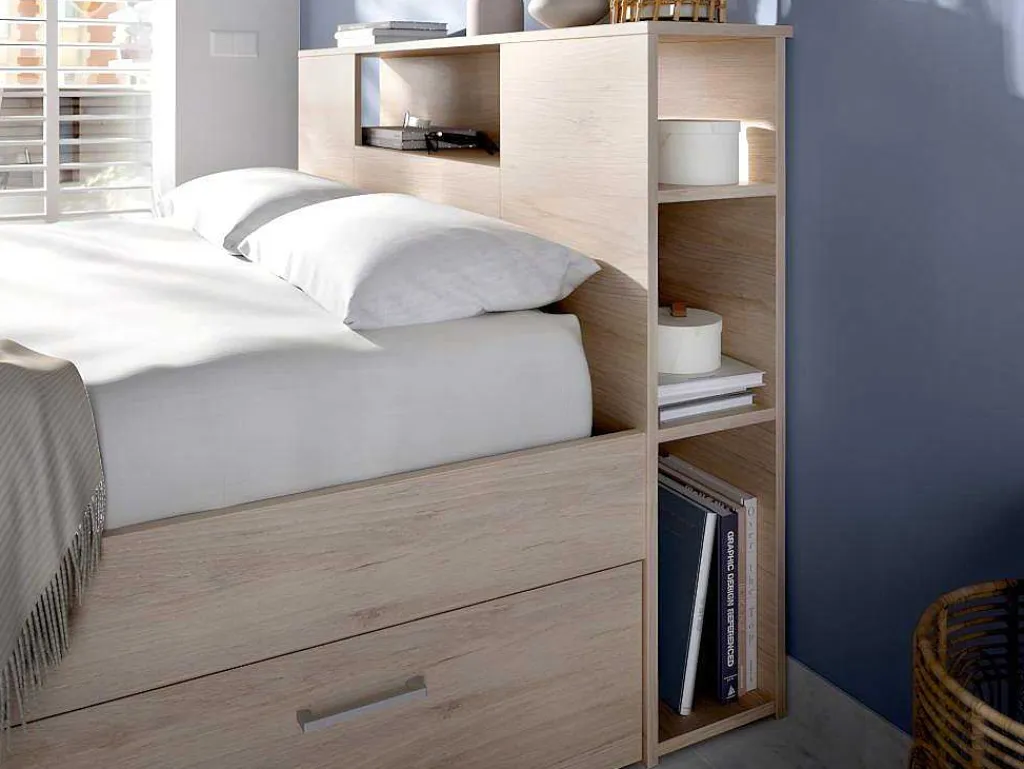 Bed Met Hoofdeinde, Opbergruimte En Lades - 160 X 200 Cm - Eikenkleur - Leandre-Vente-unique Clearance