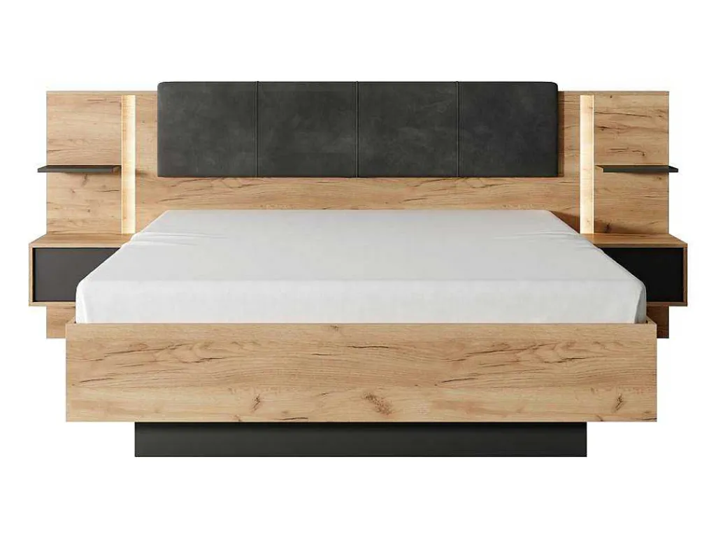 Bed Met Nachtkastjes 160 X 200 Cm - Met Ledverlichting - Kleur: Naturel En Antraciet - Elynia-Vente-unique Clearance
