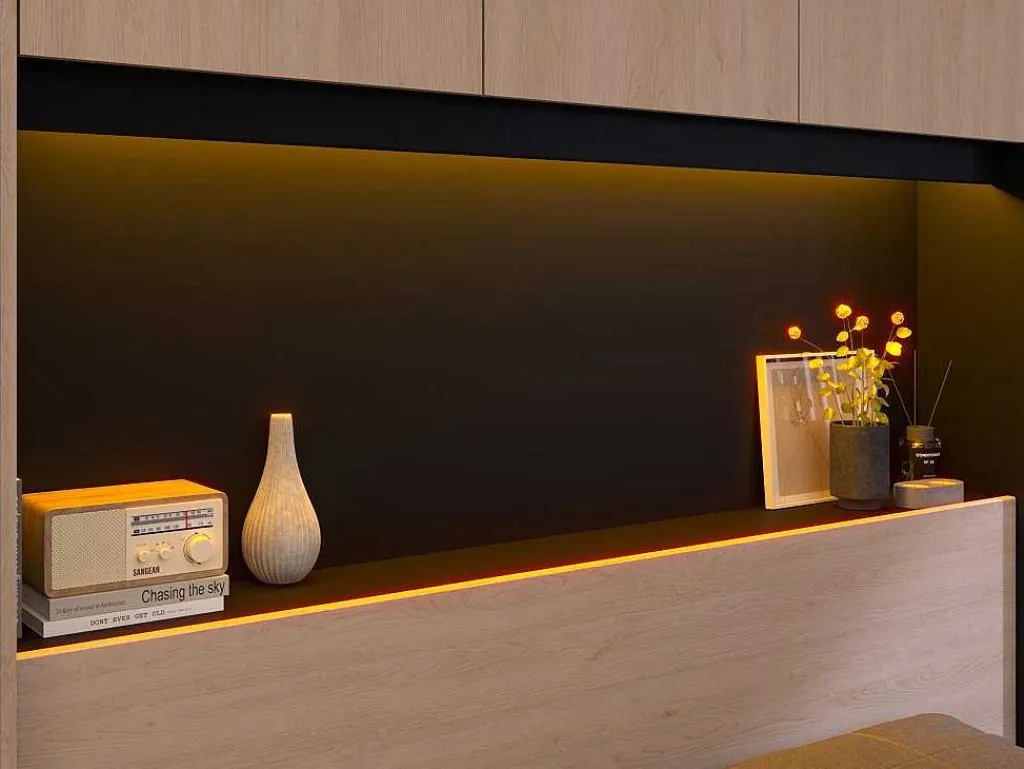 Bed Met Opbergruimte 160 X 200 Cm - Met Ledverlichting - Kleur: Naturel En Zwart + Bedbodem - Velona-Vente-unique Online
