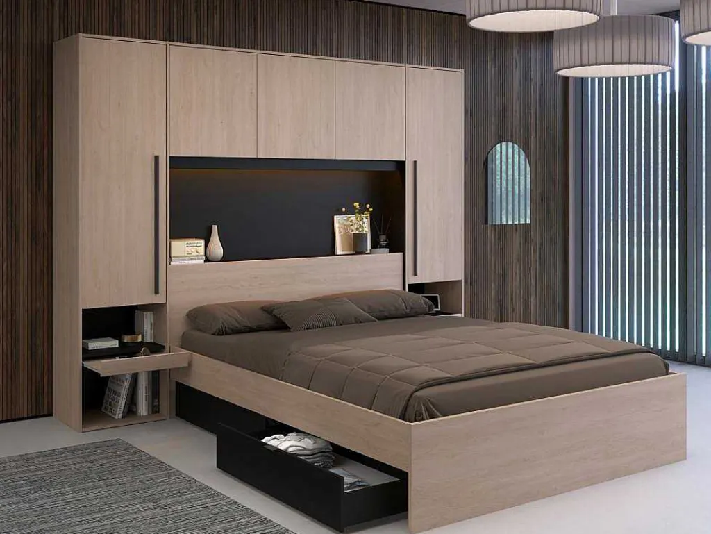 Bed Met Opbergruimte 160 X 200 Cm - Met Ledverlichting - Kleur: Naturel En Zwart + Bedbodem - Velona-Vente-unique Online