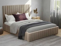 Bed Met Opbergruimte 180 X 200 Cm Met Hoofdbord Met Verticale Stiksels - Velours - Taupegrijs + Matras - Larali-Vente-unique
