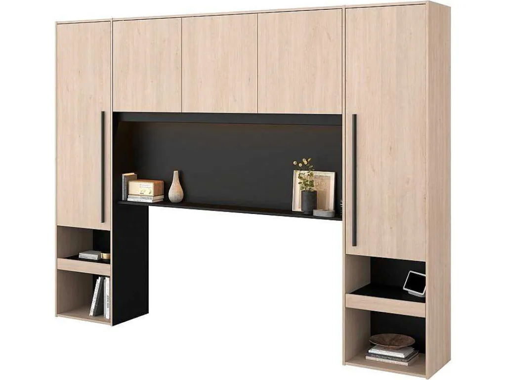 Bed Met Opbergruimte 160 X 200 Cm - Met Ledverlichting - Kleur: Naturel En Zwart + Bedbodem - Velona-Vente-unique Online