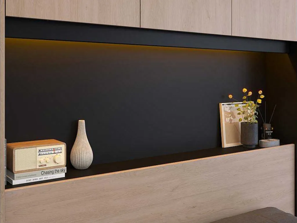 Bed Met Opbergruimte 160 X 200 Cm - Met Ledverlichting - Kleur: Naturel En Zwart + Bedbodem - Velona-Vente-unique Online
