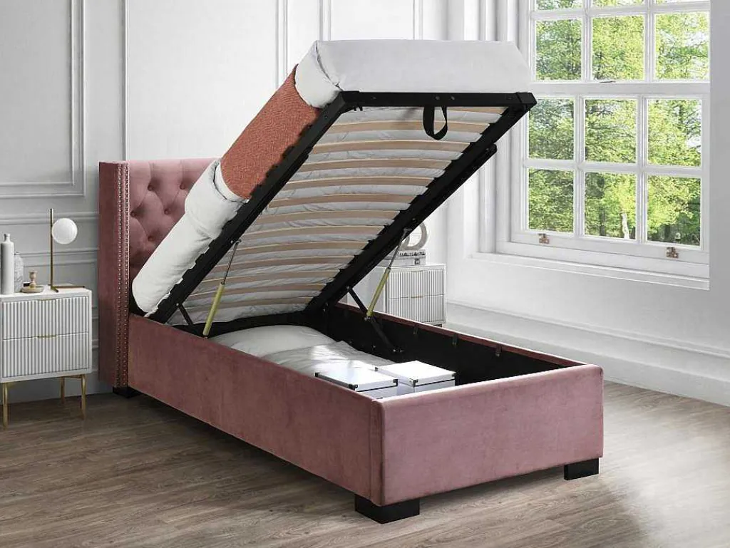 Bed Met Opbergruimte 90 X 200 Cm Met Gecapitonneerd Hoofdbord Fluweel Roze Met Matras Massimo-Vente-unique Discount