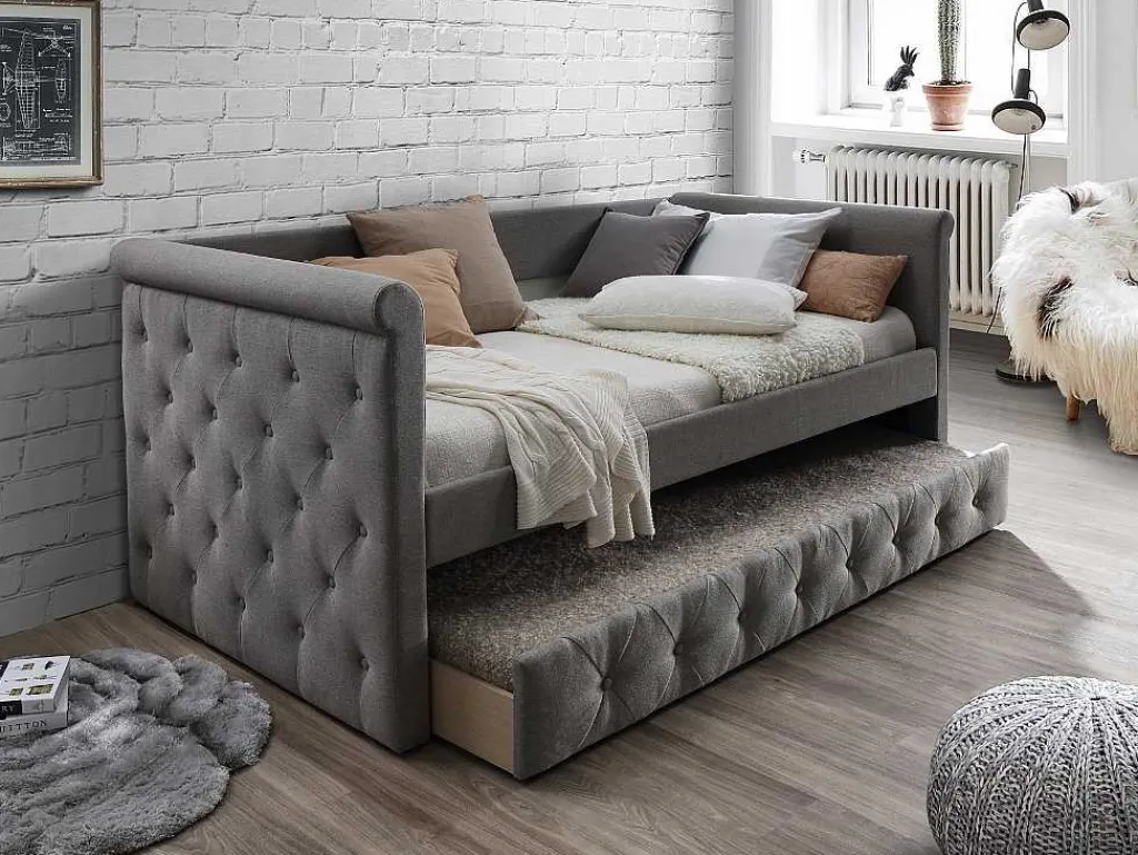 Bed Met Slaaplade Louise - 2 X 90 X 190 Cm - Grijze Stof + Matras-Vente-unique Sale