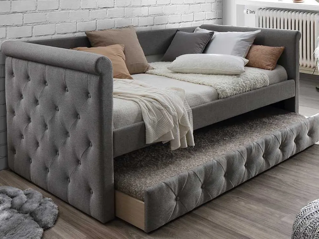 Bed Met Slaaplade Louise - 2 X 90 X 190 Cm - Grijze Stof + Matras-Vente-unique Sale