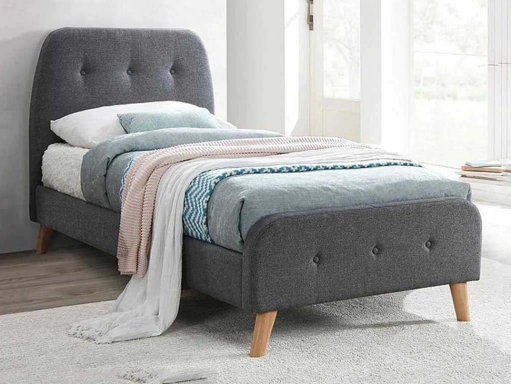 Bed Romeo Met Gestoffeerde Hoofdeinde - 90 X 190 Cm - Grijze Stof-Vente-unique Best