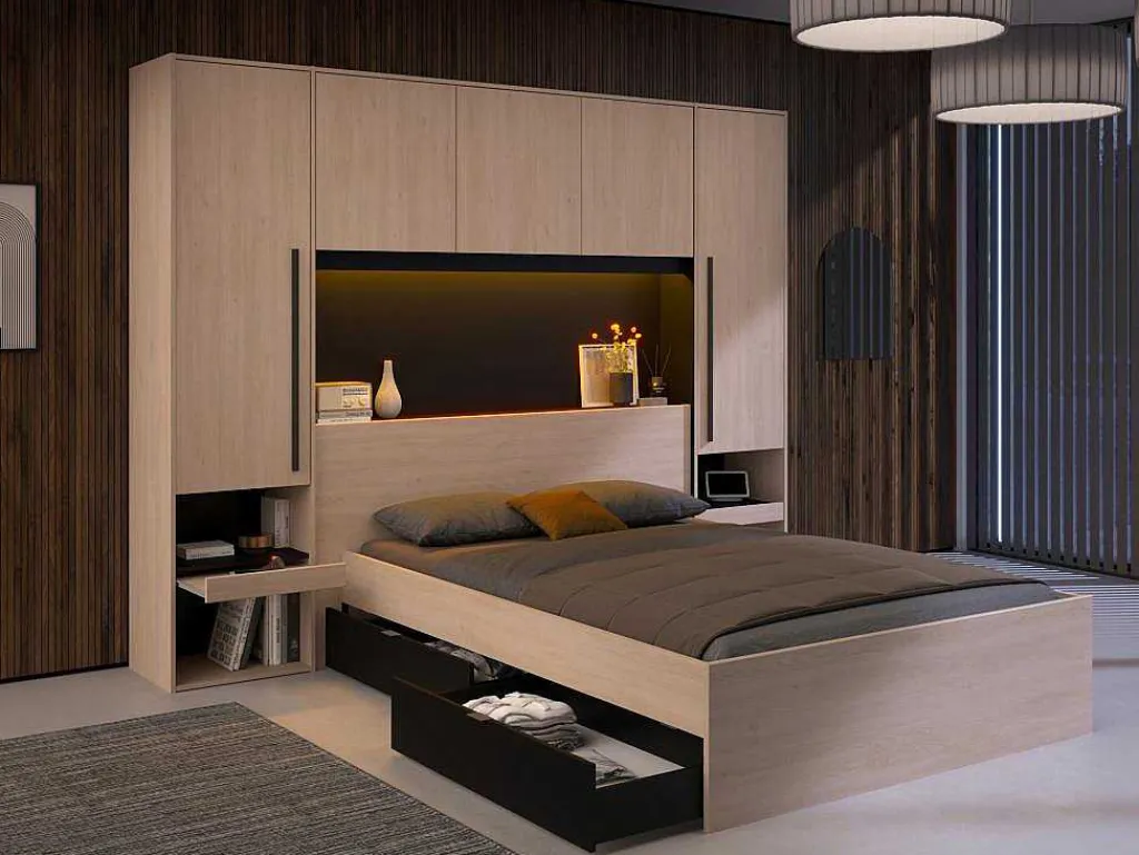 Bedkast Met Opbergruimte - Met Ledverlichting - L265 Cm - Kleur: Naturel En Zwart - Velona-Vente-unique Online