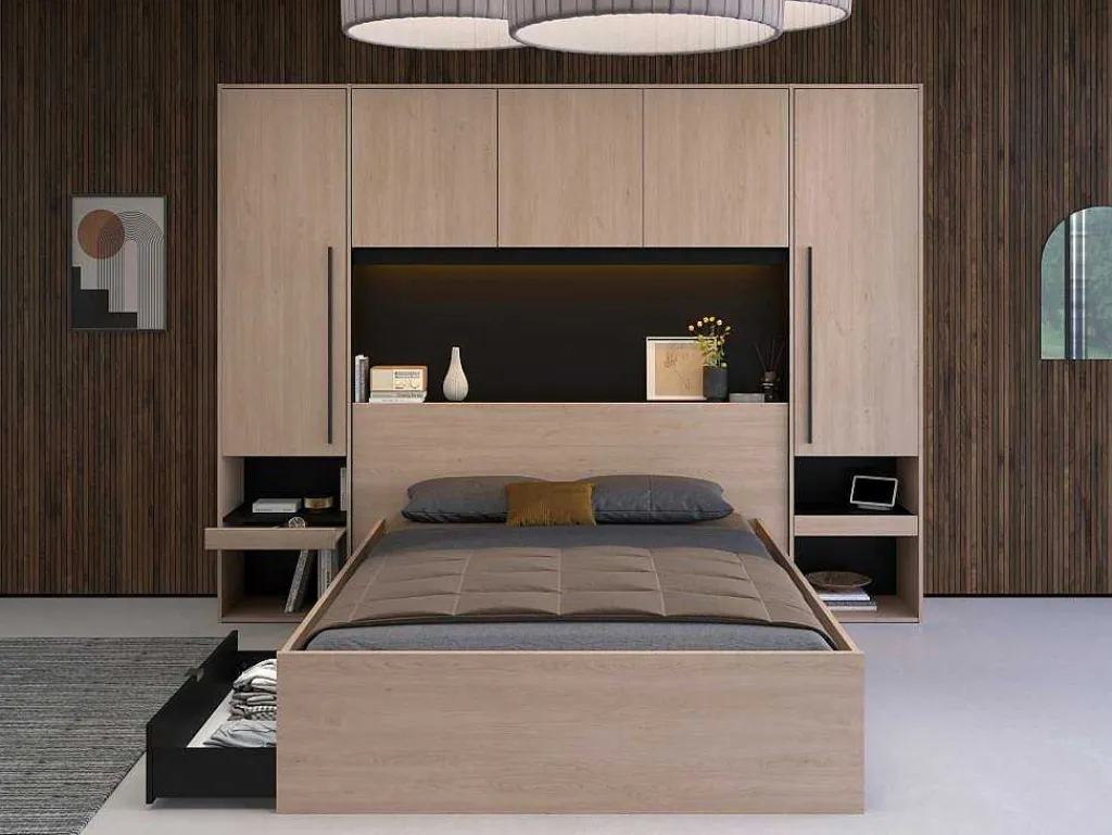 Bedkast Met Opbergruimte - Met Ledverlichting - L265 Cm - Kleur: Naturel En Zwart - Velona-Vente-unique Online