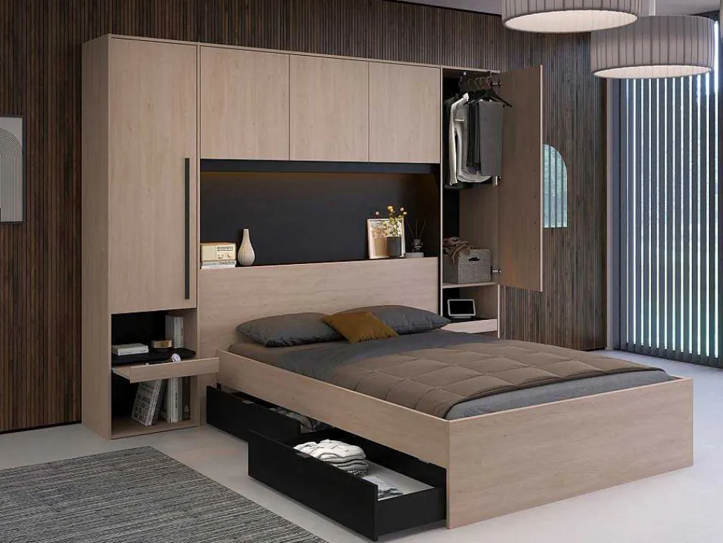 Bedkast Met Opbergruimte - Met Ledverlichting - L265 Cm - Kleur: Naturel En Zwart - Velona-Vente-unique Online