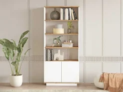 Boekenkast Met 2 Deuren En 4 Nissen - Licht Naturel En Wit - Lotula-Vente-unique Online