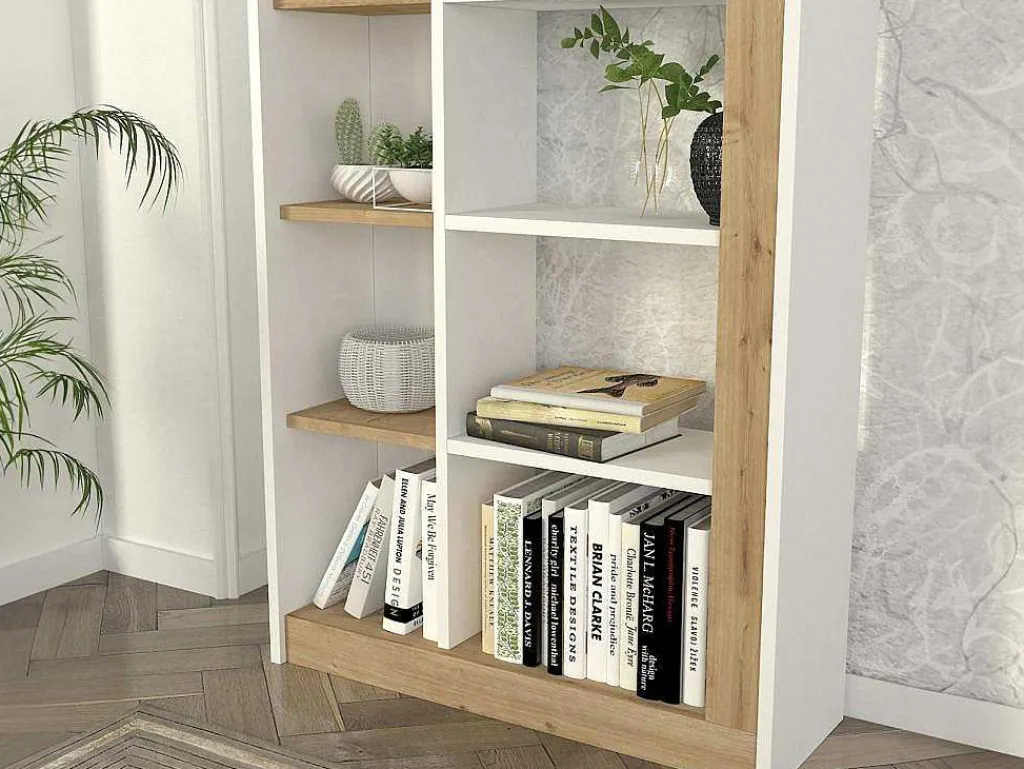 Boekenkast Met 10 Nissen - Licht Naturel En Wit - Silomai-Vente-unique