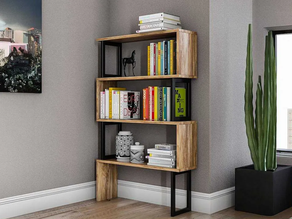 Boekenkast Met 3 Planken Van Metaal - Licht Naturel En Zwart - Roveni-Vente-unique Clearance