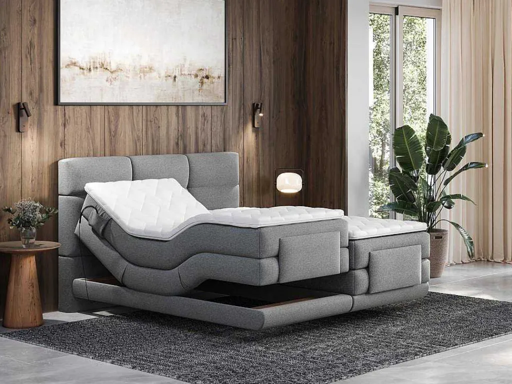 Boxspring-Hoofdbordset + Elektrische Relax-Lattenbodem + Matras + Opleg 2 X 80 X 200 Cm Lichtgrijs - Lodi Van-Palacio Sale