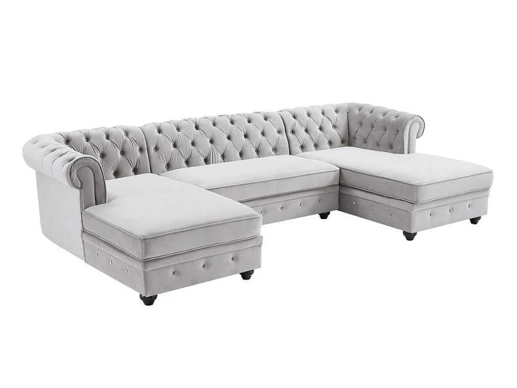 Brede Hoekbank Van Lichtgrijs Velours Chesterfield-Vente-unique Online