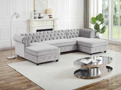 Brede Hoekbank Van Lichtgrijs Velours Chesterfield-Vente-unique Online
