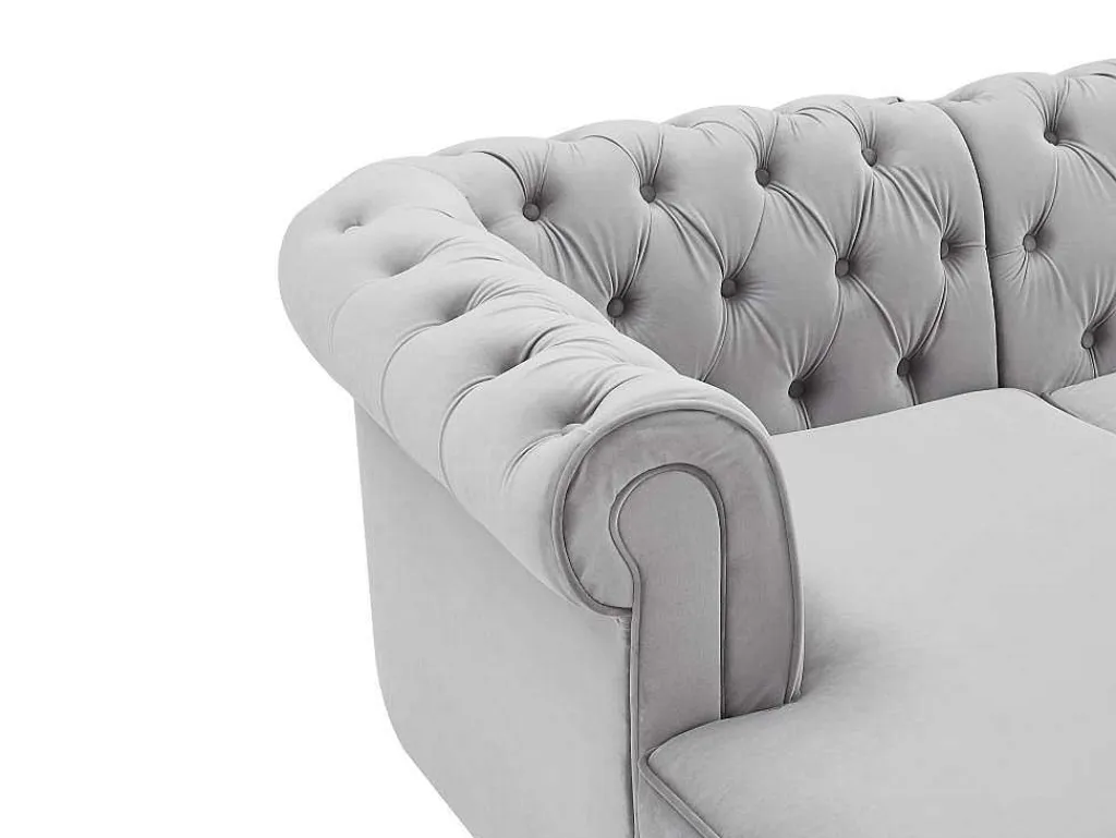 Brede Hoekbank Van Lichtgrijs Velours Chesterfield-Vente-unique Online