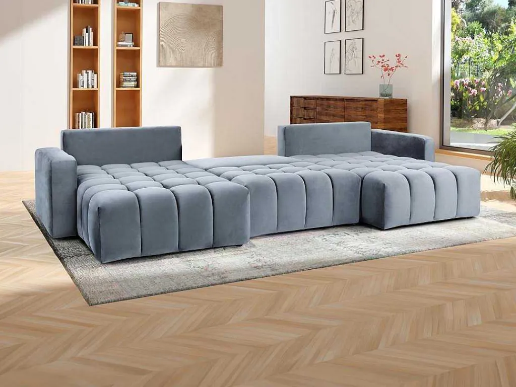 Brede Hoekslaapbank Met Hoek Links Van Grijs Velours Esilia Ii-Vente-unique Hot