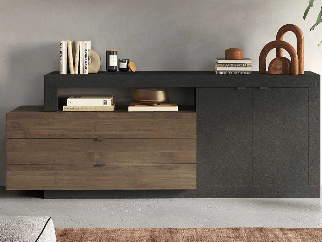 Buffet Met 2 Deuren, 3 Laden En 1 Niche - Donker Natuurlijk En Antraciet - Ruselo-Vente-unique Outlet