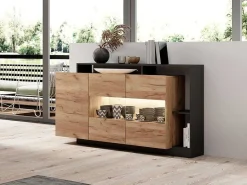 Buffetkast Met 3 Deuren En 3 Nissen - Met Ledverlichting - Natuurlijk En Antraciet - Idesia-Vente-unique Clearance