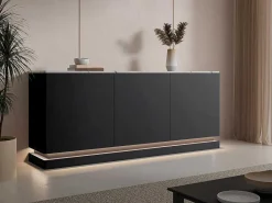 Buffetkast Met 3 Deuren En Ledverlichting Van Mdf - Zwart Met Wit Marmereffect - Devika Van-PASCAL MORABITO Sale