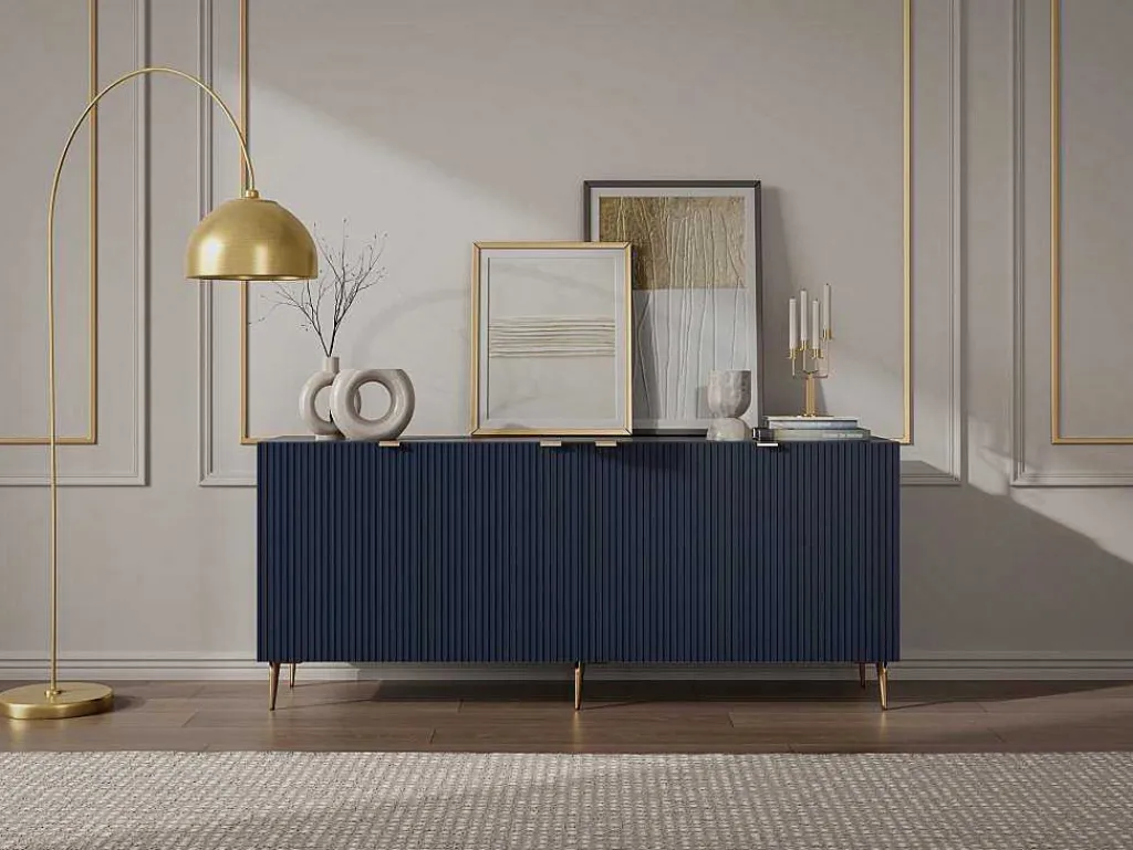 Buffetkast Met 4 Deurtjes Van Mdf En Staal - Blauw En Goudkleurig - Yesinia-Vente-unique Sale