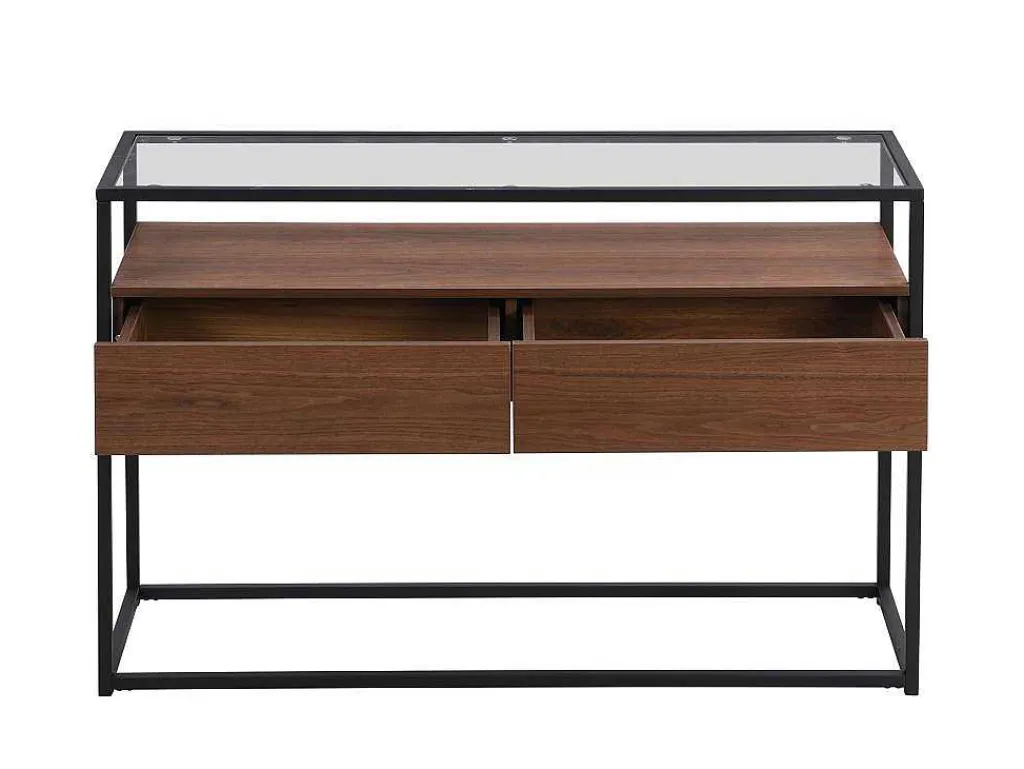 Buffetkast Met 2 Lades Van Mdf, Gehard Glas En Metaal - Donker Naturel - Camata-Vente-unique Best