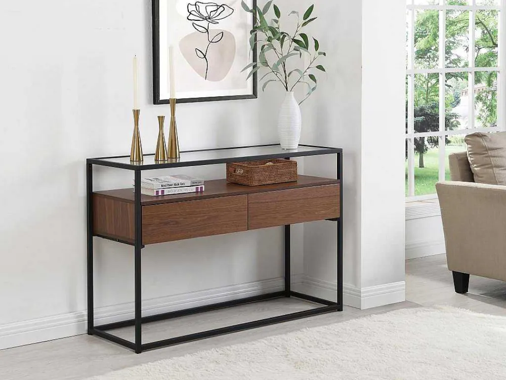 Buffetkast Met 2 Lades Van Mdf, Gehard Glas En Metaal - Donker Naturel - Camata-Vente-unique Best