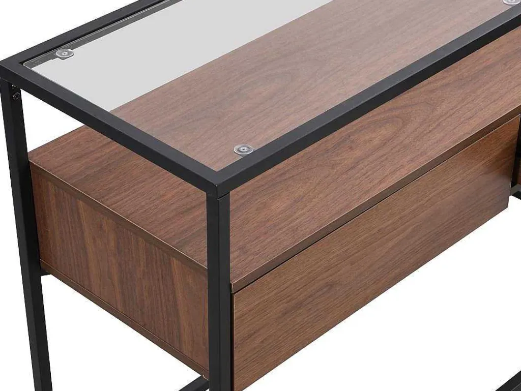 Buffetkast Met 2 Lades Van Mdf, Gehard Glas En Metaal - Donker Naturel - Camata-Vente-unique Best