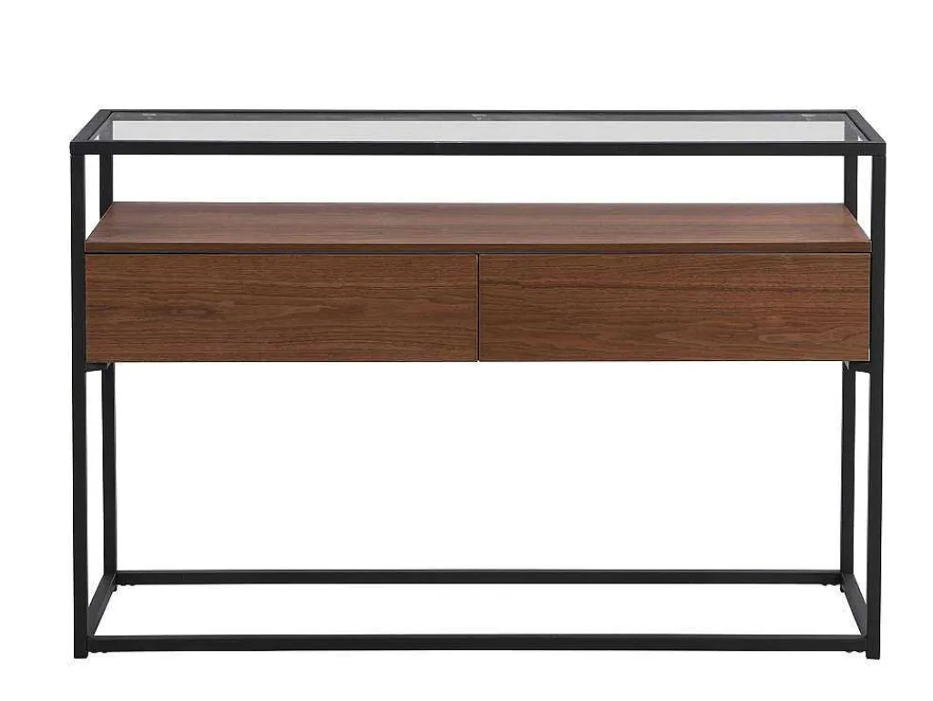 Buffetkast Met 2 Lades Van Mdf, Gehard Glas En Metaal - Donker Naturel - Camata-Vente-unique Best