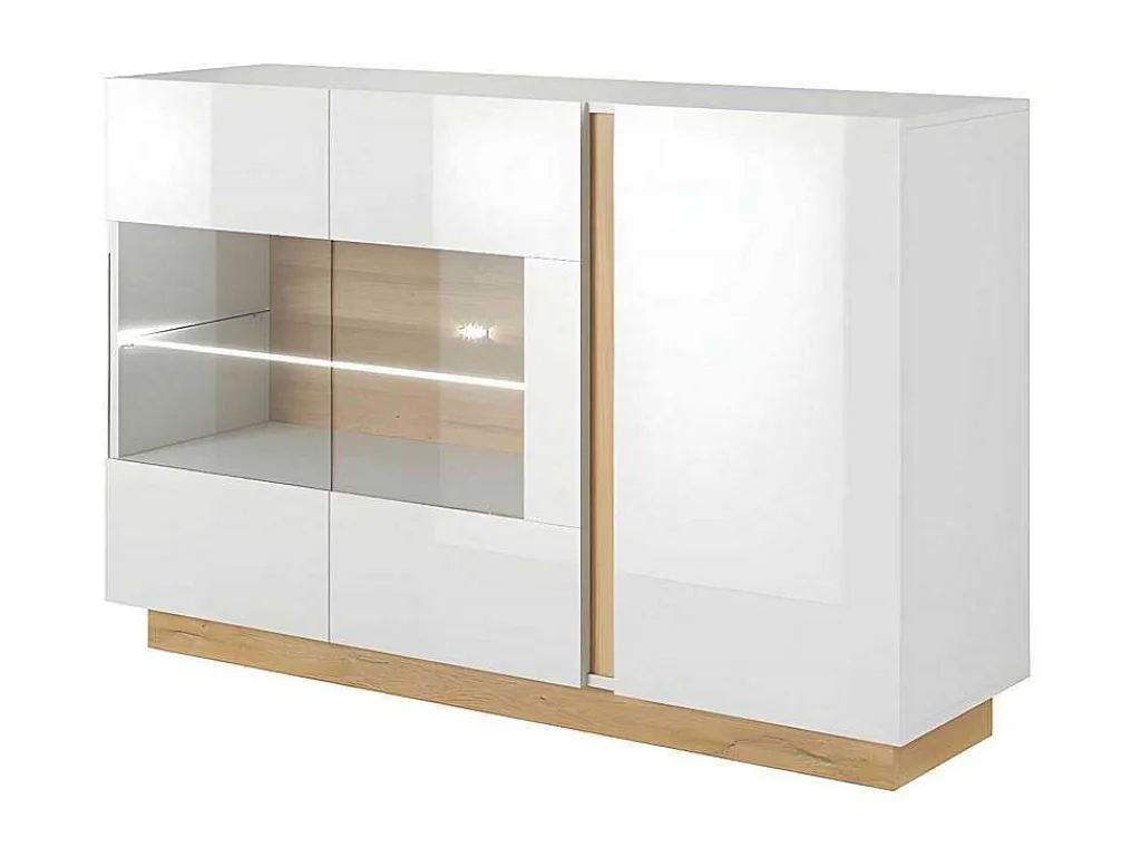 Buffetkast Murari - 3 Deuren - Met Ledverlichting - Hoogglans Wit En Eiken-Vente-unique New
