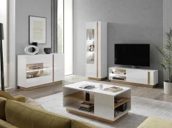 Buffetkast Murari - 3 Deuren - Met Ledverlichting - Hoogglans Wit En Eiken-Vente-unique New