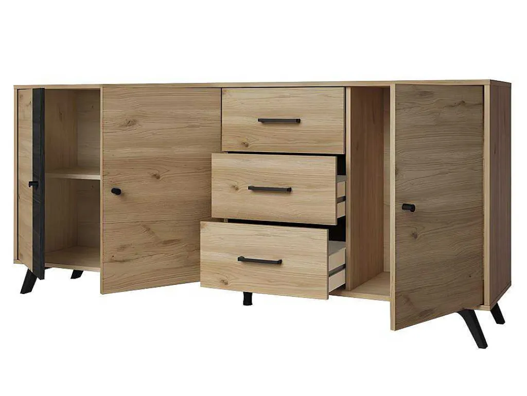 Buffetkast Portland - 3 Laden En 3 Deuren - Kleur: Eiken En Zwart-Vente-unique Discount