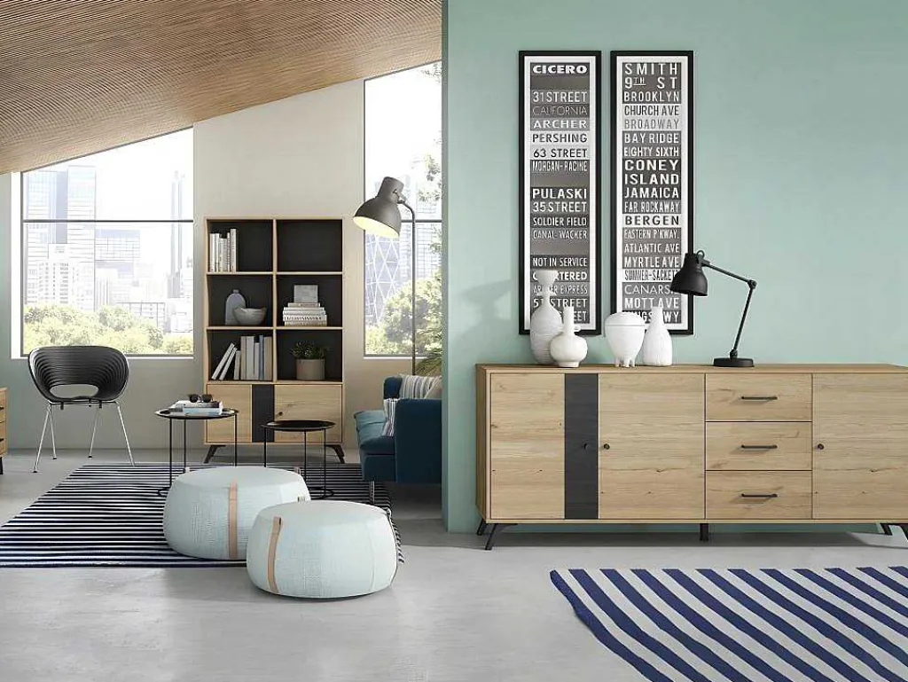 Buffetkast Portland - 3 Laden En 3 Deuren - Kleur: Eiken En Zwart-Vente-unique Discount