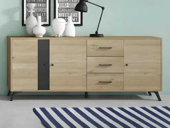 Buffetkast Portland - 3 Laden En 3 Deuren - Kleur: Eiken En Zwart-Vente-unique Discount